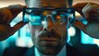 © ifoto - A business man putting on smart glasses, close up shot, futuristic office background, hyperrealistic
