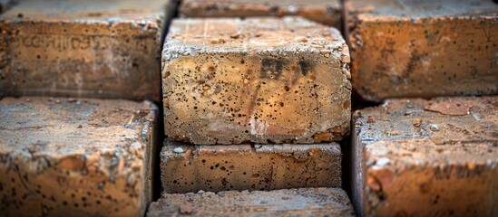 Sticker - A stack of hollow bricks arranged at a construction site forming a textured abstract square of square construction materials providing a vignette for text in need of a copy space image