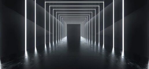 Poster - this 3d rendering shows a futuristic dark room with neon tubes in white color with empty space in th