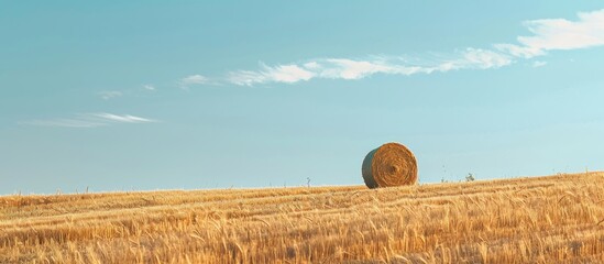 Sticker - Copy space image of a picturesque rural farmland with a lone hay bale under a clear sky amidst a meadow of golden wheat ready for harvest in the countryside