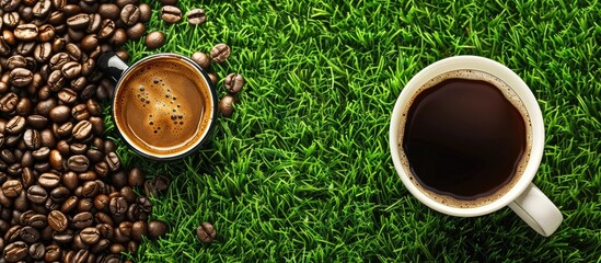 Canvas Print - Coffee cup and coffee beans arranged on grass with copy space image available