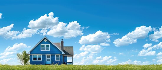 Square frame home featuring a front gable roof and dormers set against a vast blue sky with fluffy clouds with copy space image