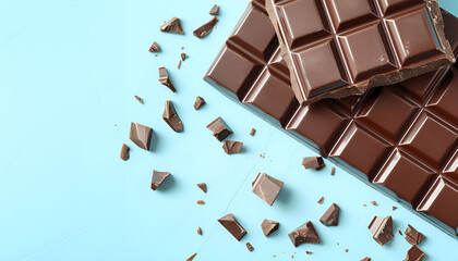 Wall Mural - Tasty chocolate bar on light blue background, top view. Space for text