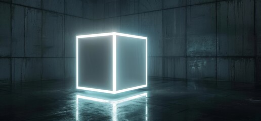 Poster - Sci Fi Grunge Concrete Reflective Dark Room Glowing With White Ice Led Lights On Edges Technology Background Lasers Club 3D Rendering