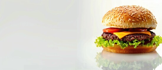 Wall Mural - American classic cheeseburger on a white background with a reflection ideal for a restaurant menu Perfect for a copy space image