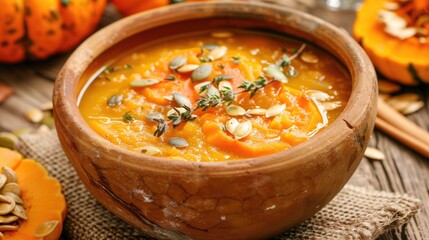 Poster - Autumn Thanksgiving soup with pumpkin carrot herbs and seeds in rustic bowl