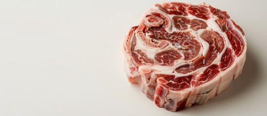 Poster - A large raw pork neck displayed on a white background shot in close up with space for text or graphics. Copy space image. Place for adding text and design