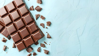 Wall Mural - Tasty chocolate bar on light blue background, top view. Space for text