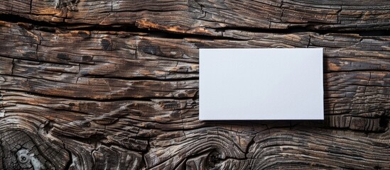 Poster - A white business card on a vintage wooden surface shown in a top down copy space image