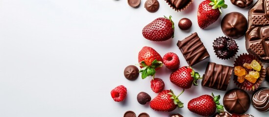 Poster - A close up copy space image featuring various candies chocolate covered strawberries and fruitcakes on a white backdrop