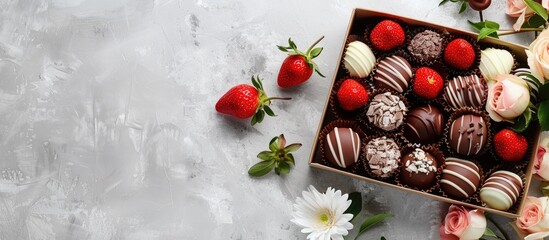 Poster - A stunning arrangement of chocolate covered strawberries in a box accompanied by flowers displayed on a light grey table with ample copy space for adding text