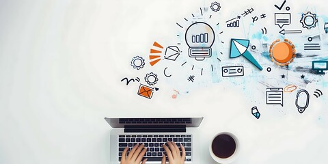 Fototapete - Top view of woman hands using laptop on wooden table with business icons
