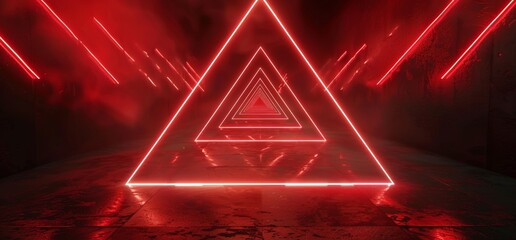 Wall Mural - An alternative future with asphalt cement roads double lined concrete walls, neon laser triangles, and glowing red arcs, rendered in 3D