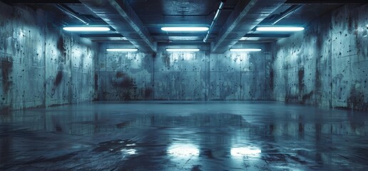Poster - sci-fi futuristic background with concrete, grunge columns, and pillars, as well as tunnel lights, l