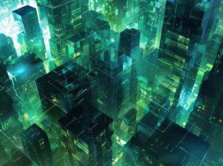 Poster - computer science information technology background. microchip city in the future. sci-fi megapolis.