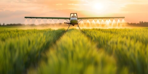 Wall Mural - Protecting Wheat Fields Farmer Spraying Chemicals from Crop Duster. Concept Agricultural Spraying, Crop Protection, Farming Techniques, Pesticide Applications, Crop Dusting