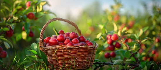 Sticker - Cherry plums on tree backdrop of greenery with clouds then in wicker basket post harvest Unique fruit offering sweet and tart flavors with copy space image