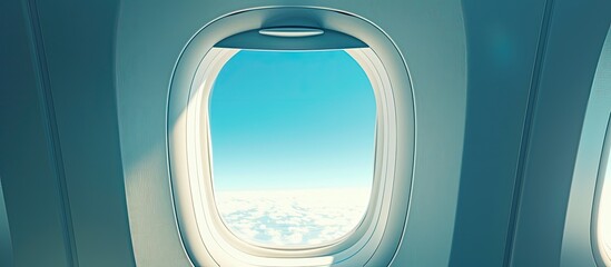 Poster - Customer seat view of an isolated airplane window against a clear blue sky providing copy space image