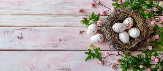 Sticker - Natural Easter egg nest background with decorative white and pink quail eggs green and pink plant on wooden backdrop with copy space image