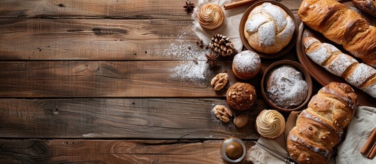 Wall Mural - Delicious bakery items displayed on a rustic wooden surface with copy space image