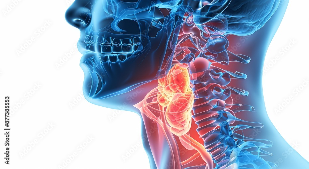3D medical illustration of human throat anatomy showing highlighted