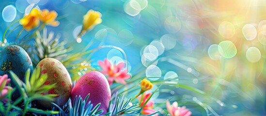 Sticker - Celebrate Easter with a festive egg hunt and colorful holiday decorations perfect for a cheerful Sunday gathering ideal for a copy space image