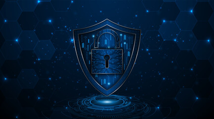Poster - Cyber ​​security concept with shield symbol and lock. Data protection and cyber privacy. modern security technology innovation concept background
