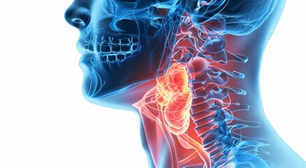 3D medical illustration of human throat anatomy showing highlighted thyroid gland