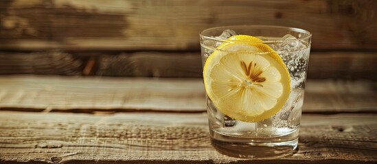 Sticker - Gin and tonic with a lemon slice placed on a wooden table with a background perfect for a copy space image