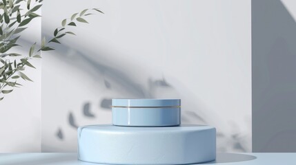 Wall Mural - Blue cosmetics container mockup on podium against light background with space for text