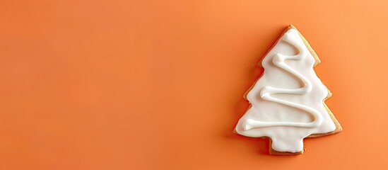 Wall Mural - Festive homemade Christmas tree biscuit a white gingerbread cookie with icing against an orange copy space image perfect for winter holiday decor