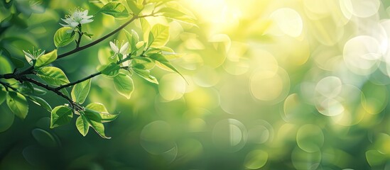Poster - copy space image of vibrant green leaves blossoming on a sunlit branch creating a beautiful blurred 