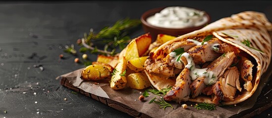 Poster - A delicious gyro souvlaki wrap featuring chicken potatoes tzatziki sauce presented in the picture with ample copy space image