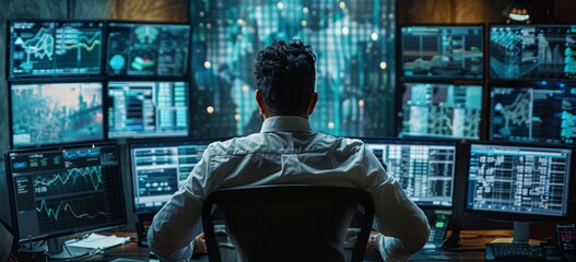 Poster - IT professional managing multiple screens in a high-tech office environment