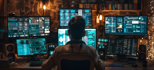 Poster - IT professional working at his desk with multiple monitors in a high-tech office environment