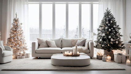 Poster - Cozy living room decorated for christmas with white and silver ornaments on trees candles and white sofa