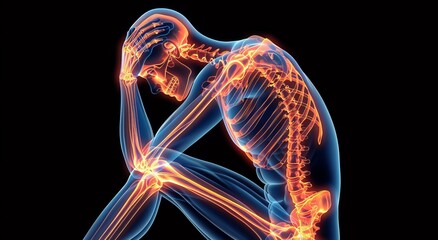 X-ray image of a human skeleton in a seated, pensive position highlighting the bones and joints