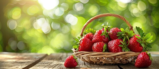 Poster - A basket of fresh strawberries on a wooden table with a blurred green background offering a clear space for an image. Copy space image. Place for adding text and design