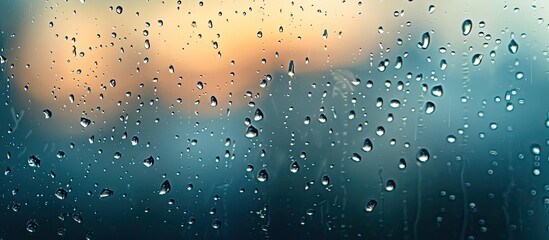 Poster - Close up image of raindrops on a window during a summer storm creating a moody vibe ideal for Instagram with a blurred background showing the sky Focus on the wet glass with tiny droplets featuring c