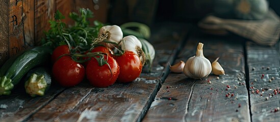 Wall Mural - Organic vegetables displayed on a rustic wooden surface for a natural and healthy setting showcasing items like tomatoes garlic and zucchini with room for text or images. Copy space image