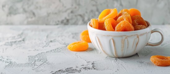 Poster - Side view of a white cup filled with dried apricots on a light background featuring ample copy space image