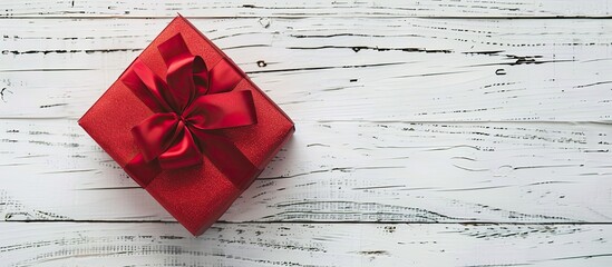 Poster - Red gift box for Christmas on a white wooden table captured in a flat lay style with ample copy space image