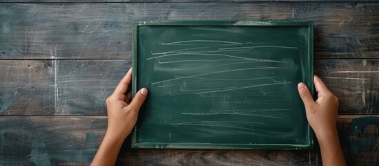 Wall Mural - A close up image showing hands holding a chalkboard with space for copying text