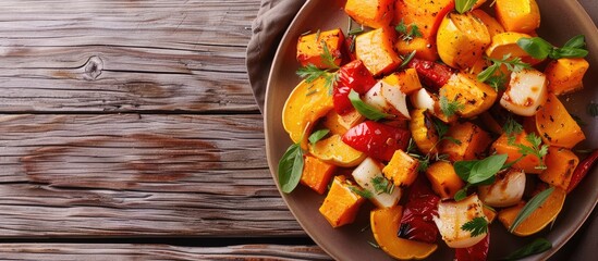 Poster - Close up of a plate of baked vegetables with pumpkin and cheese with ample copy space for text or graphics