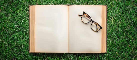 Poster - a blank book and glasses placed on grass with a space for additional text in the image