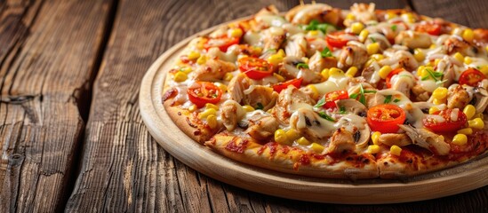 Wooden background displaying a child friendly pizza featuring chicken tomatoes corn and mozzarella cheese on a cream base Copy space image available