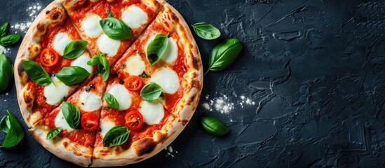 Canvas Print - Italian food Neapolitan Margherita pizza with mozzarella cheese and tomato sauce on a textured black background for copy space image