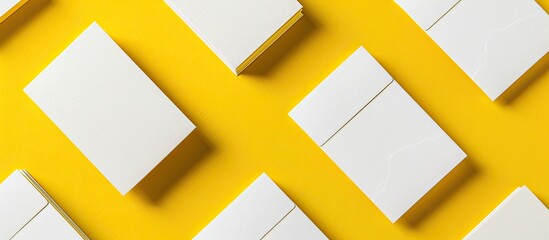 Wall Mural - Top view of blank white business cards on a yellow background serving as a mockup for branding identity with copy space image for graphic designers portfolios