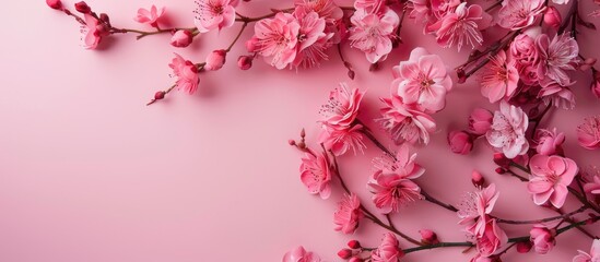 Wall Mural - A pink flower arrangement on a pastel pink backdrop for Valentines Mother s or Women s Day presented in a flat lay style with a top down view and room for text or other images. Copy space image