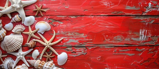 Wall Mural - Shells and sea stars arranged on a vibrant red wooden surface with an empty space for an image. Copy space image. Place for adding text and design